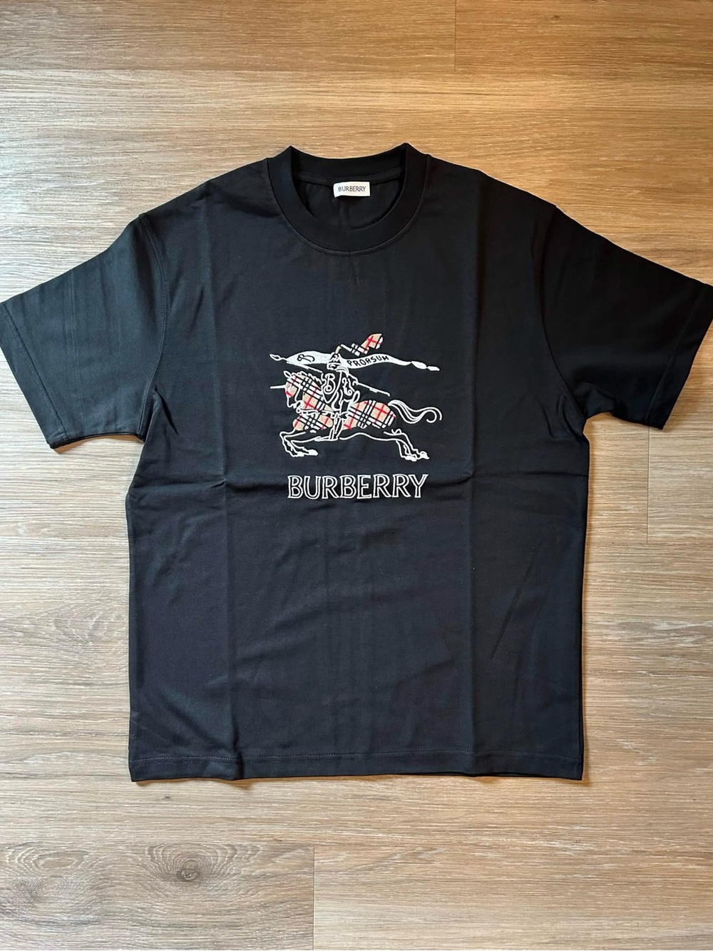 Burberry Black Short-Sleeve Logo Tee with Plaid Equestrian Motif